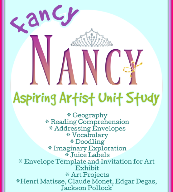 The perfect go along unit study to accompany the "Fancy Nancy Aspiring Artist" book by Jane O'Connor.  * Geography * Reading Comprehension * Addressing Envelopes * Vocabulary * Doodling * Imaginary Exploration * Juice Labels * Envelope Template and Invitation for Art Exhibit * Art Projects *Henri Matisse, Claude Monet, Edgar Degas, Jackson Pollock Inspired Art Activities and More! End the study by planning your very own Art Exhibit and inviting your friends!